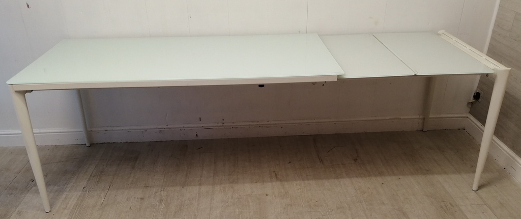 white GLASS TOP EXTENDING DINING TABLE