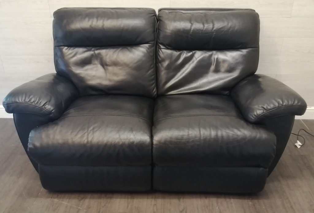 Two seater black leather recliner sofa