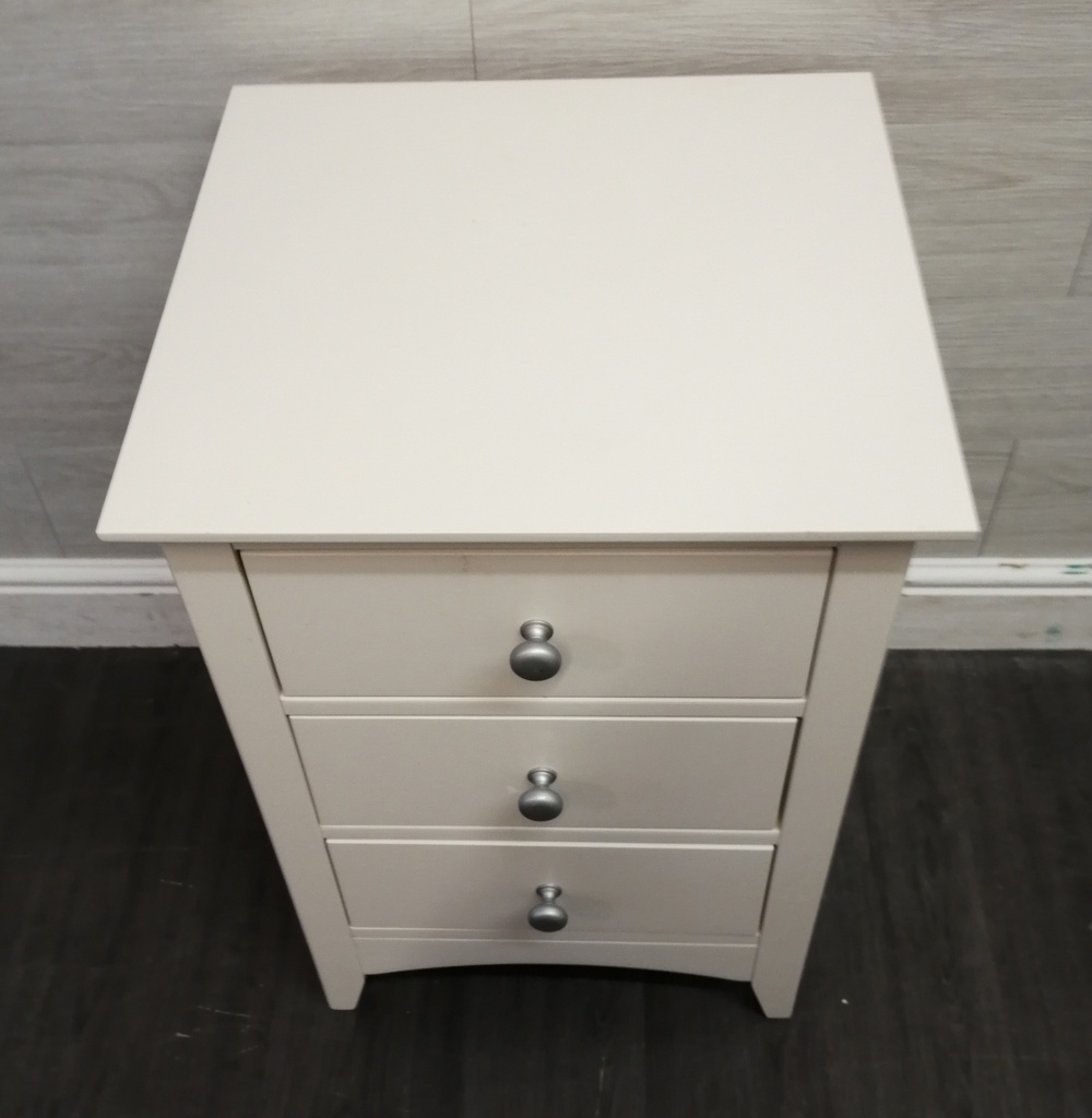 three drawer white bedside