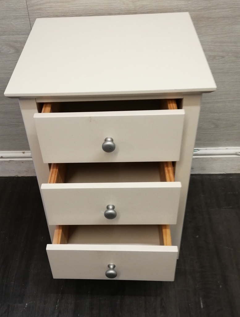 three drawer white bedside