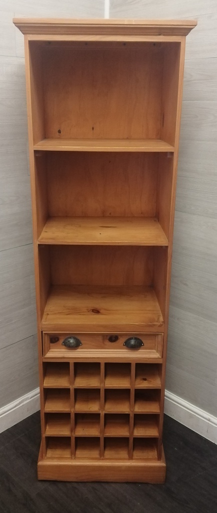 Narrow Pine Bookcase with Wine Rack