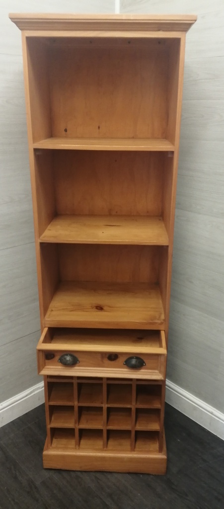 Narrow Pine Bookcase with Wine Rack