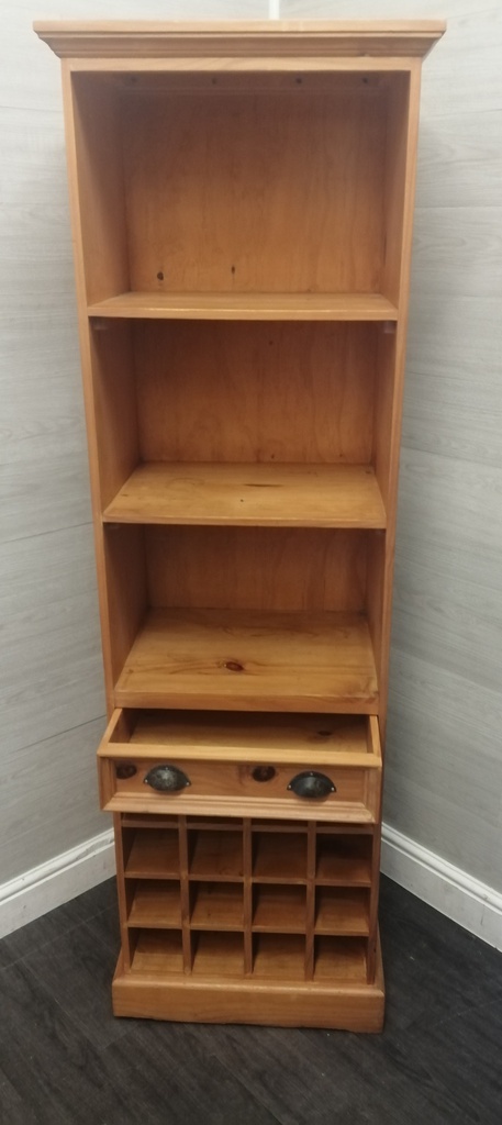 Narrow Pine Bookcase with Wine Rack