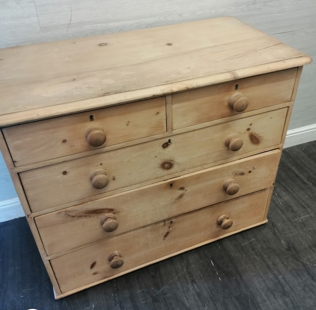 OLD ANTIQUE PINE CHEST OF FIVE DRAWERS