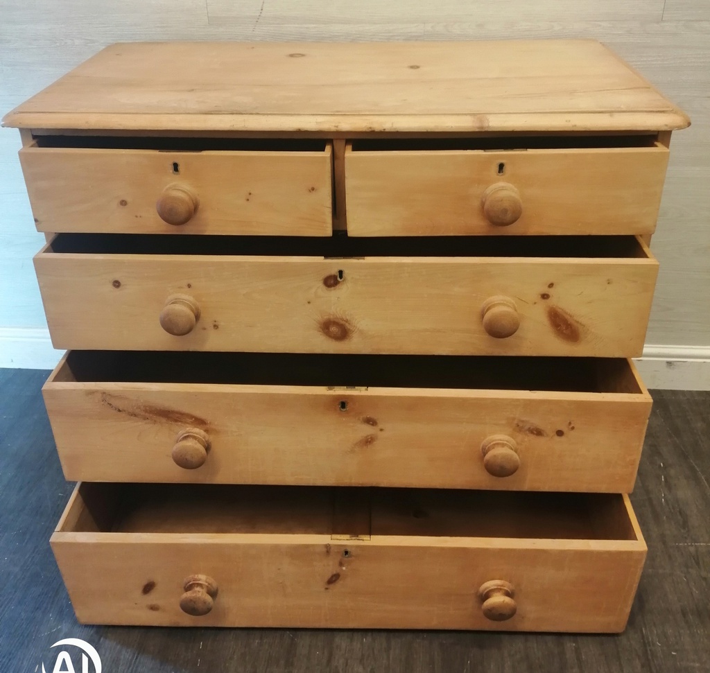 OLD ANTIQUE PINE CHEST OF FIVE DRAWERS