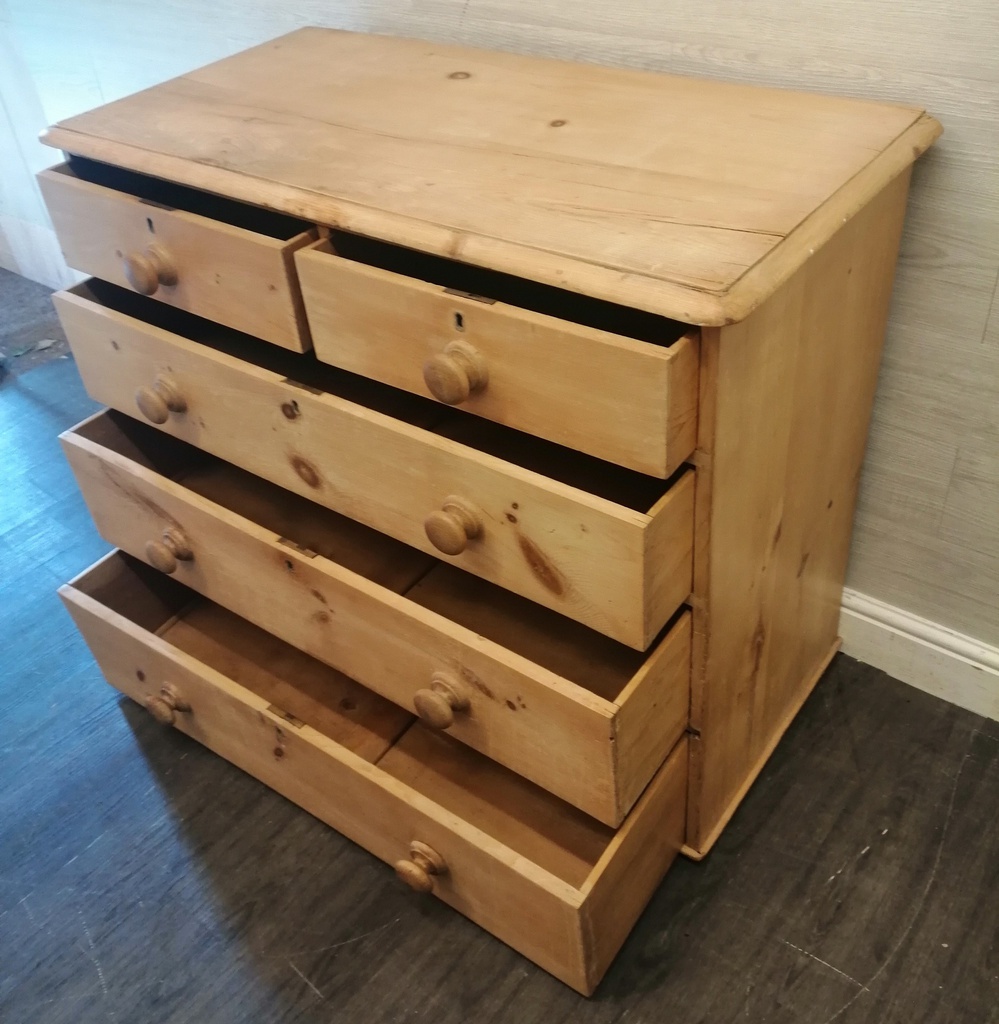 OLD ANTIQUE PINE CHEST OF FIVE DRAWERS