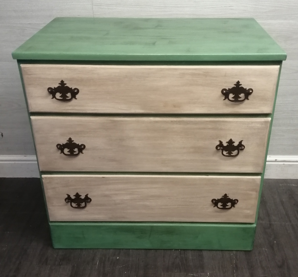 THREE DRAWER PAINTED CREAM AND GREEN CHEST