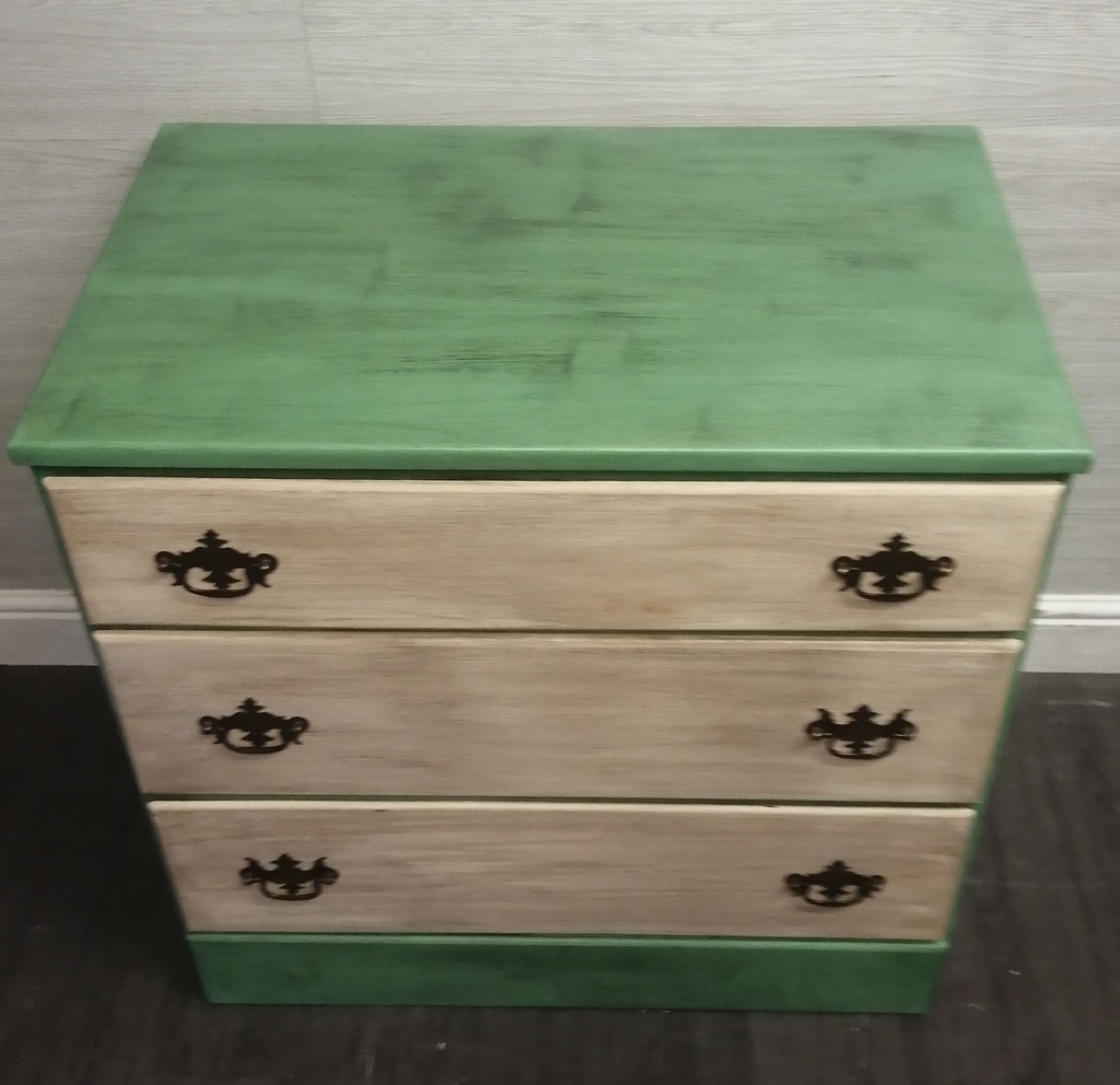 THREE DRAWER PAINTED CREAM AND GREEN CHEST