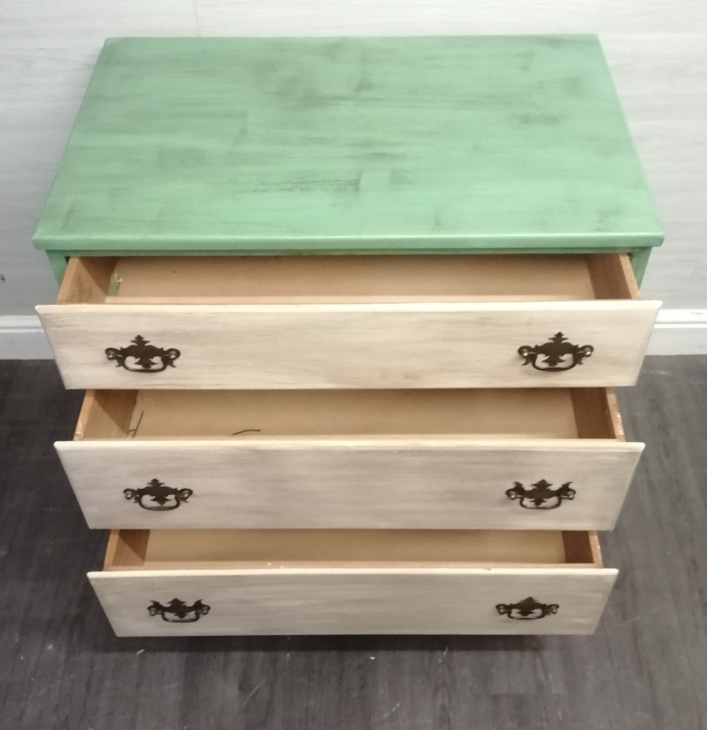 THREE DRAWER PAINTED CREAM AND GREEN CHEST