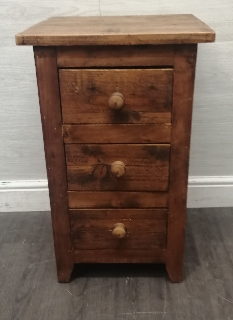 Three drawer rustic pine bedside chest