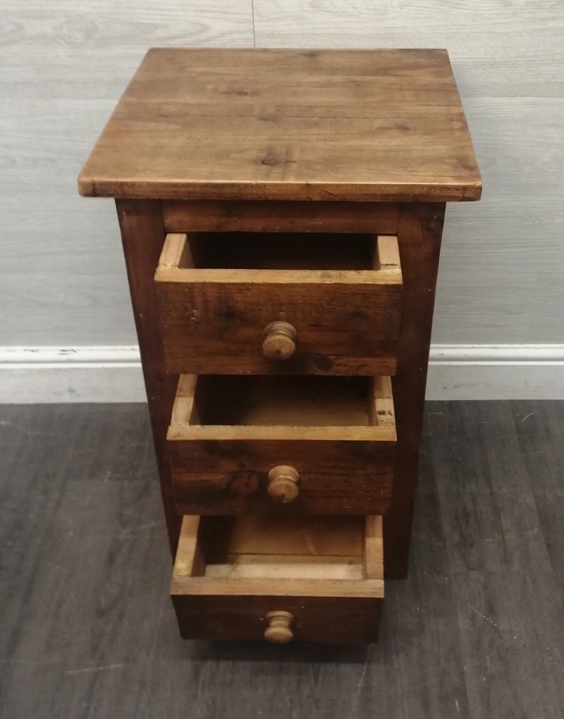 Three drawer rustic pine bedside chest