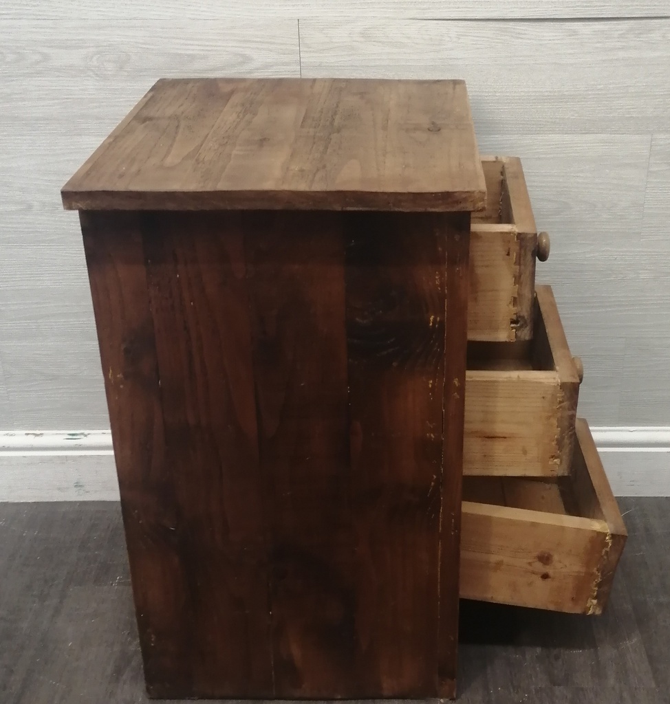 Three drawer rustic pine bedside chest