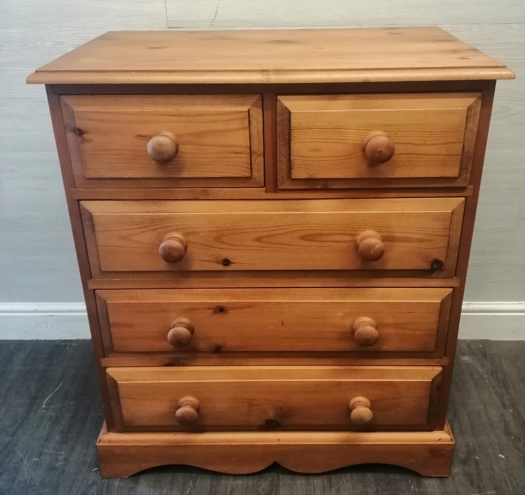 Solid pine five drawer chest