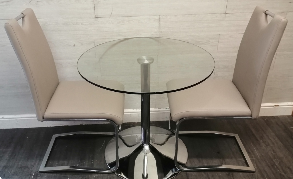 Modern neat round glass dining table &amp; 2 chairs
