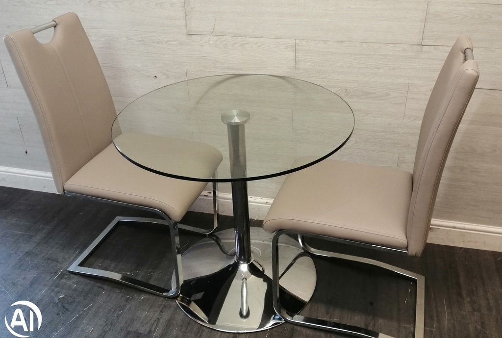 Modern neat round glass dining table &amp; 2 chairs