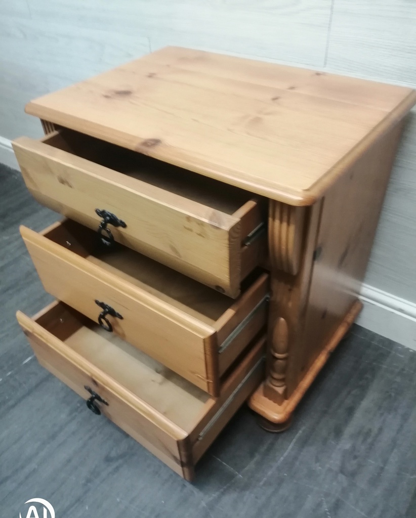 PINE THREE DRAWER BEDSIDE