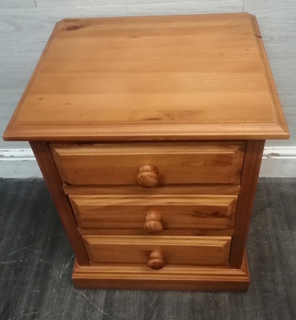 Quality solid pine three drawer bedside chest