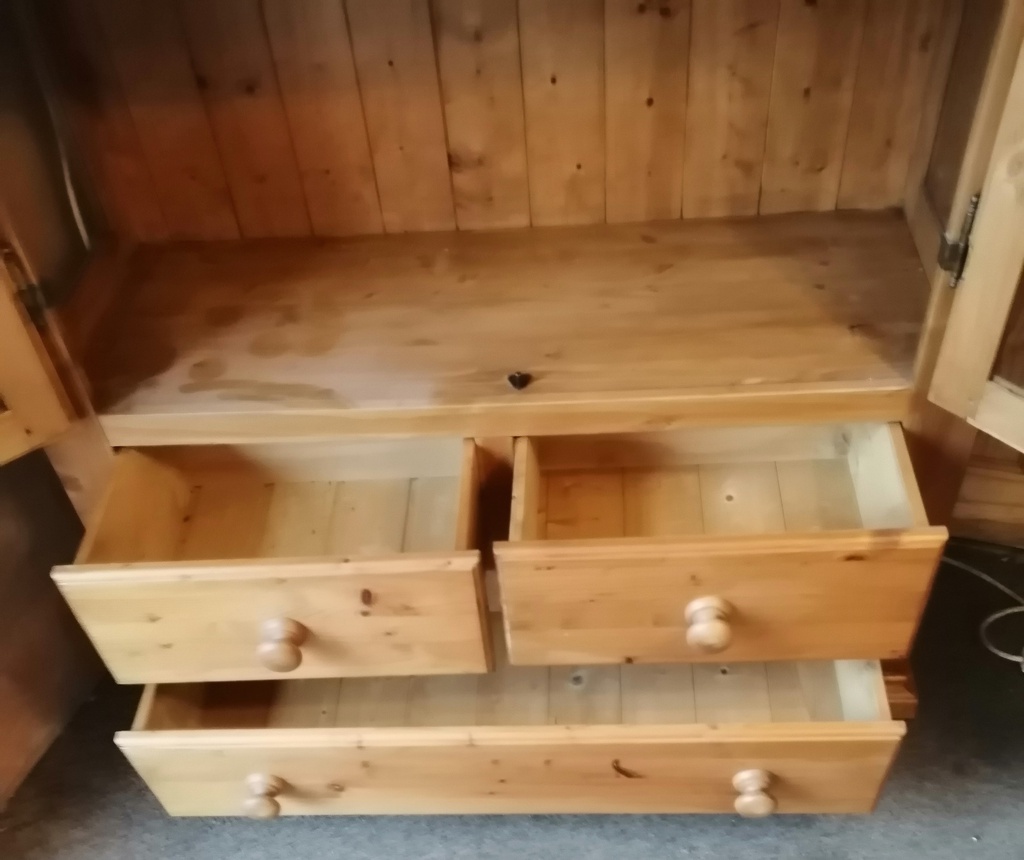 Solid pine glazed  display unit with drawers