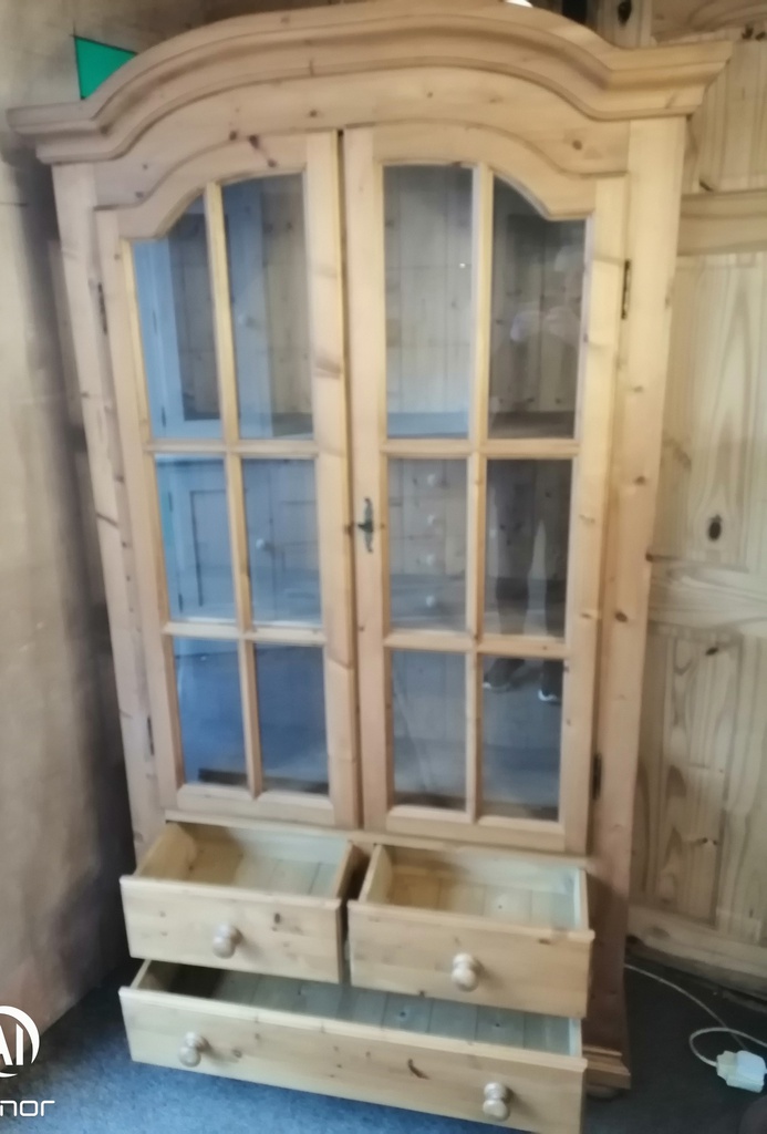 Solid pine glazed  display unit with drawers