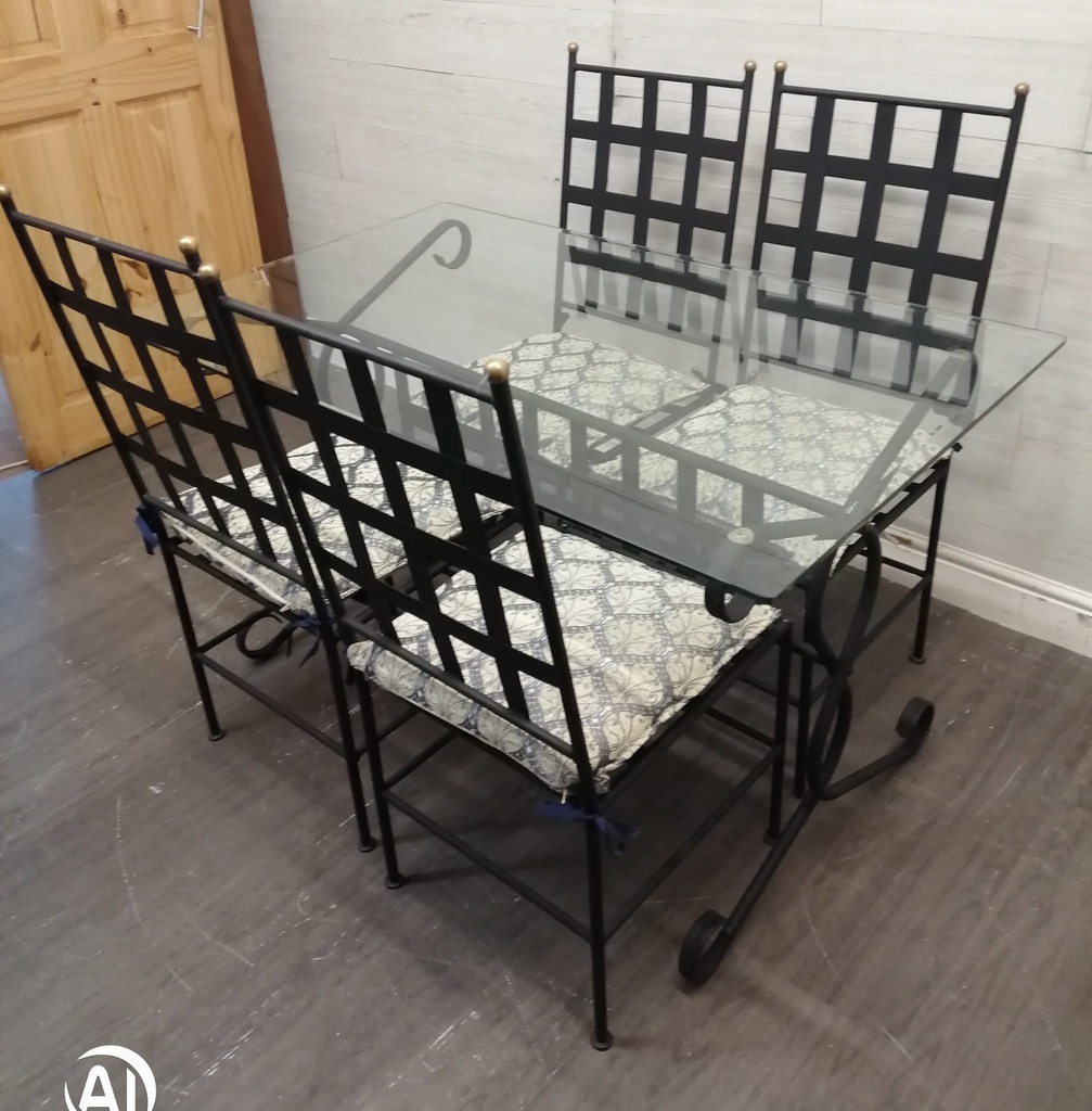 Black Metal Frame Glass Top Table &amp; Four Chairs