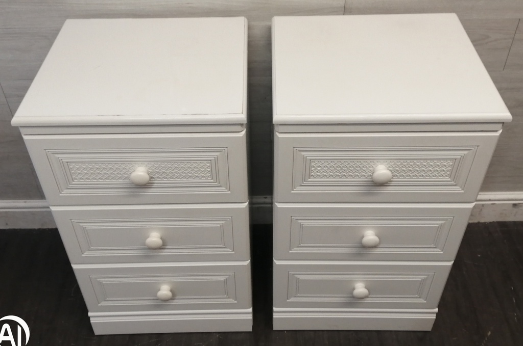 PAIR ALSTONS WHITE THREE DRAWER BEDSIDE CHESTS