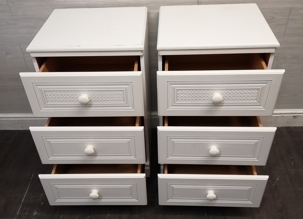 PAIR ALSTONS WHITE THREE DRAWER BEDSIDE CHESTS