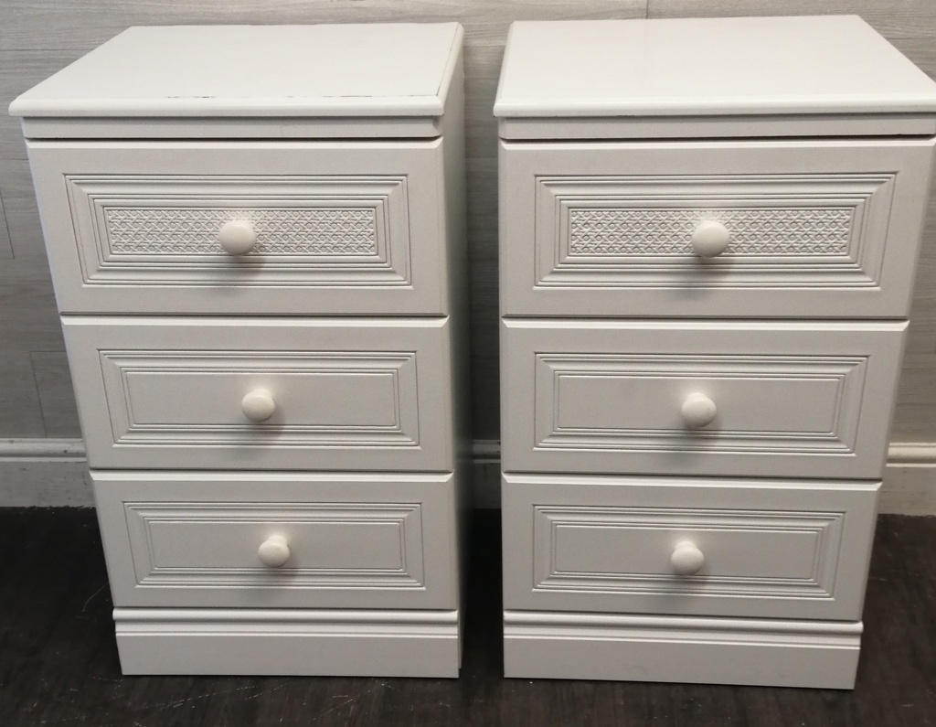PAIR ALSTONS WHITE THREE DRAWER BEDSIDE CHESTS