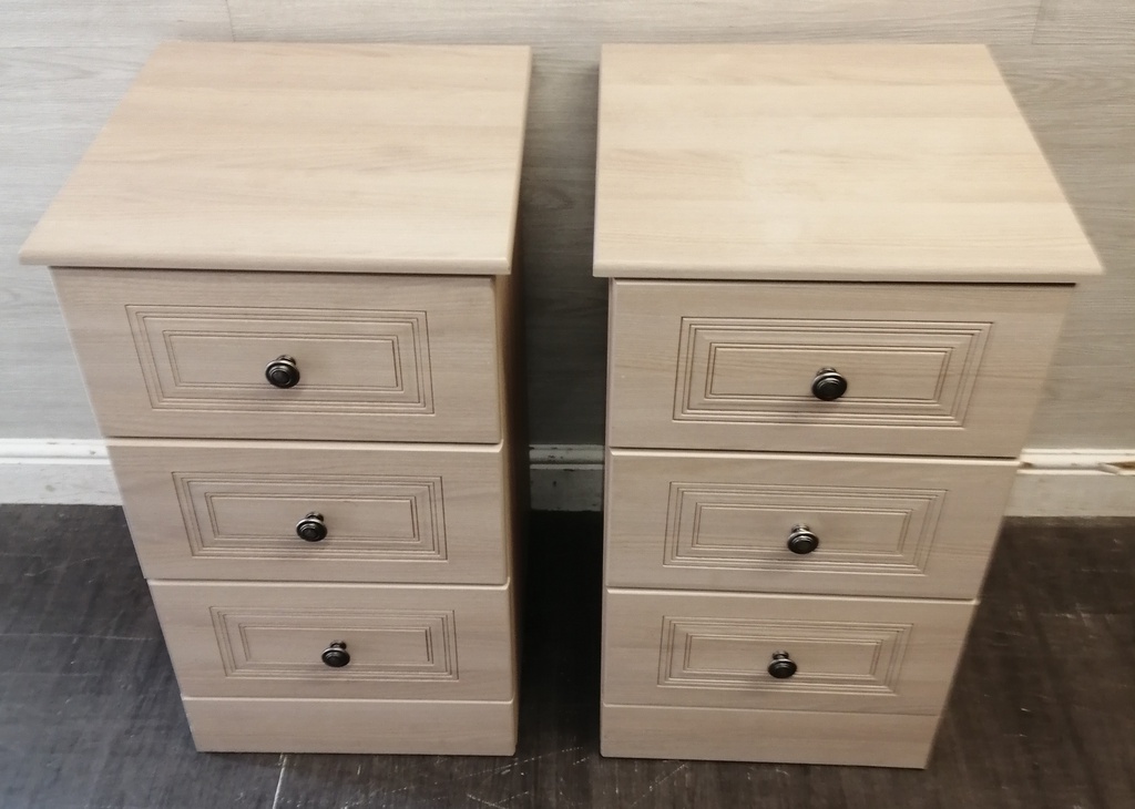 PAIR OF TALL THREE DRAWER CREAM BEDSIDE CHESTS