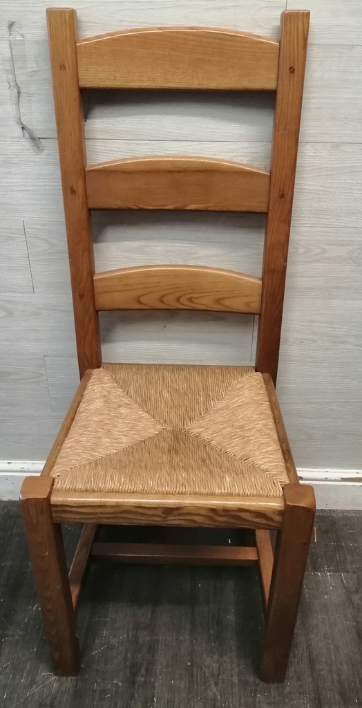 Six X SOLID OAK LADDER BACK DINING CHAIRS.