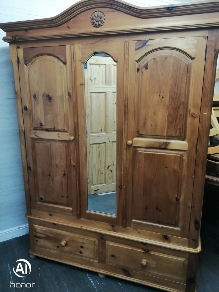 Quality triple size solid pine wardrobe with mirror &amp; drawers