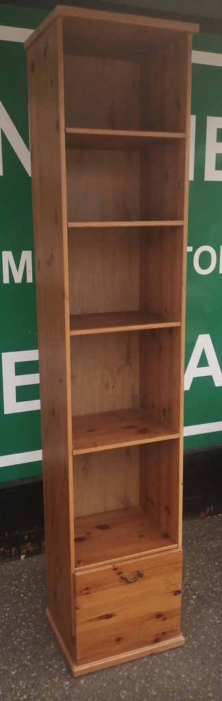 SLIM LINE NARROW PINE BOOKCASE WITH DRAWER