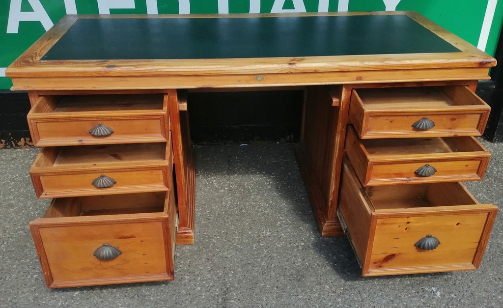 Rustic solid pine leather top pedestal desk