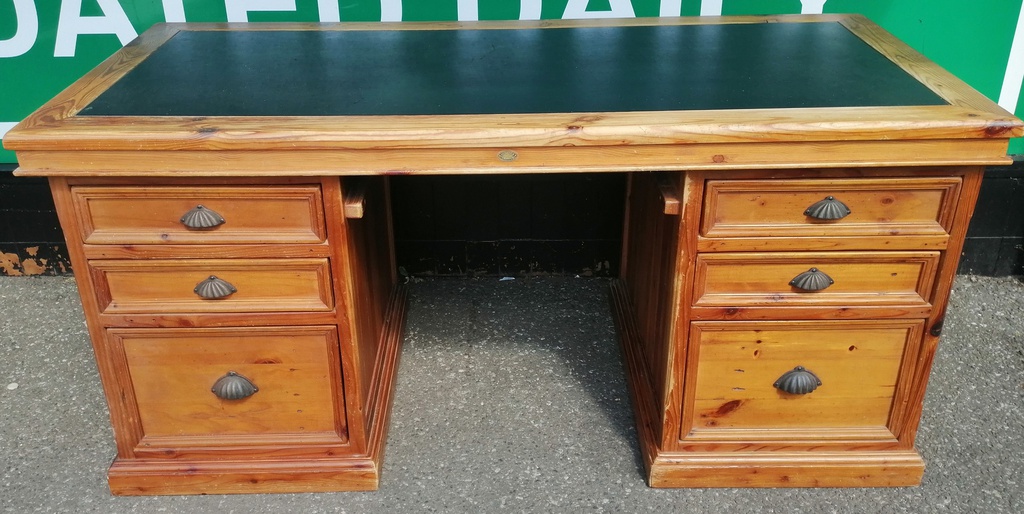 Rustic solid pine leather top pedestal desk