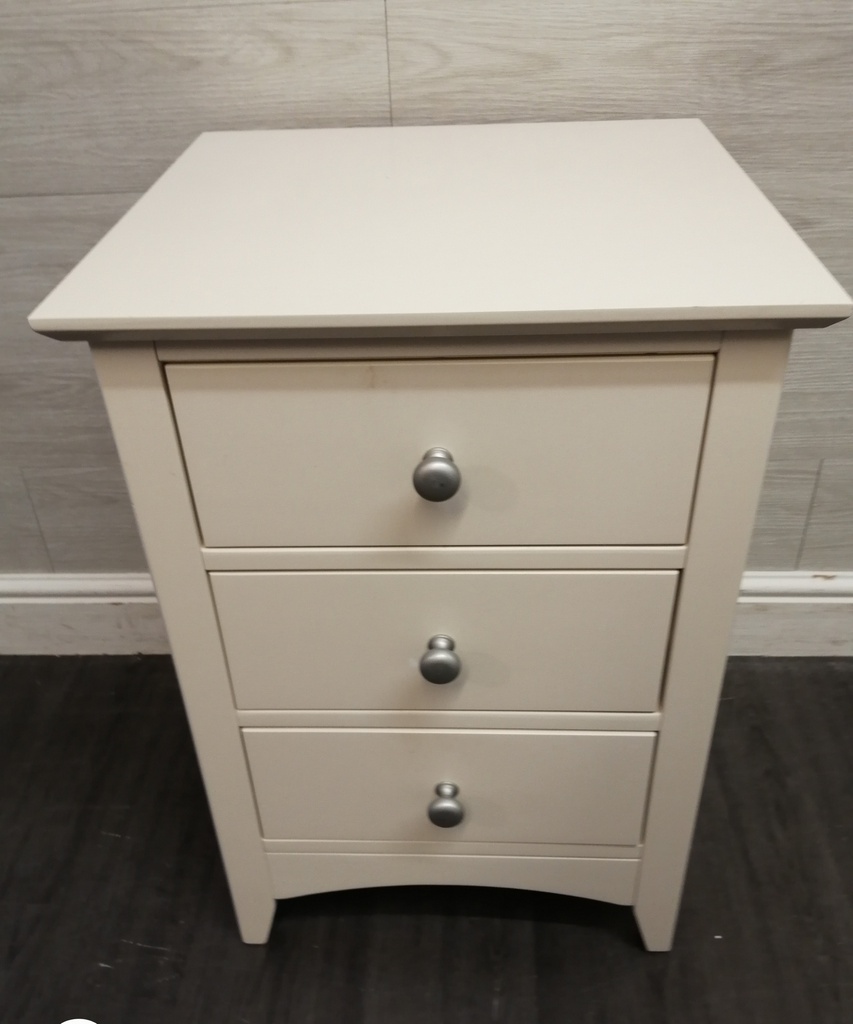 three drawer white bedside