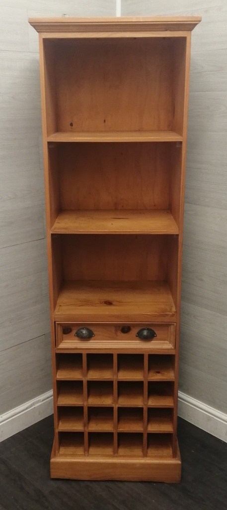 Narrow Pine Bookcase with Wine Rack