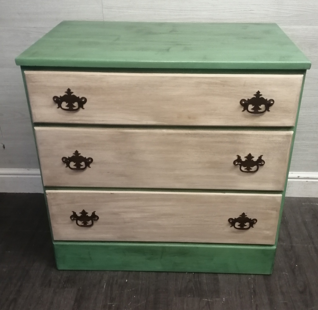 THREE DRAWER PAINTED CREAM AND GREEN CHEST