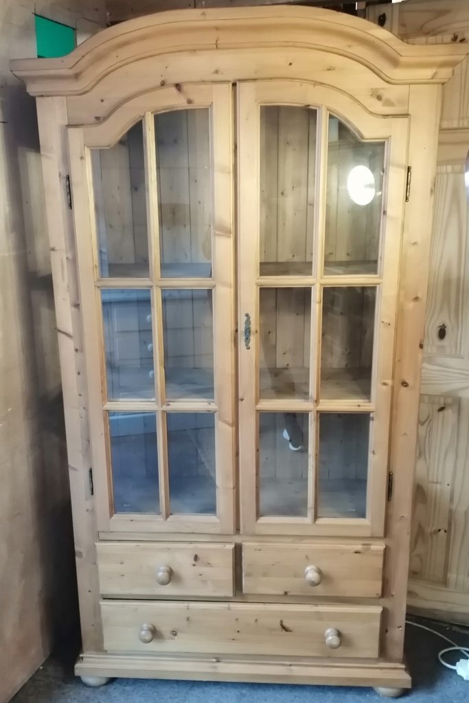 Solid pine glazed  display unit with drawers