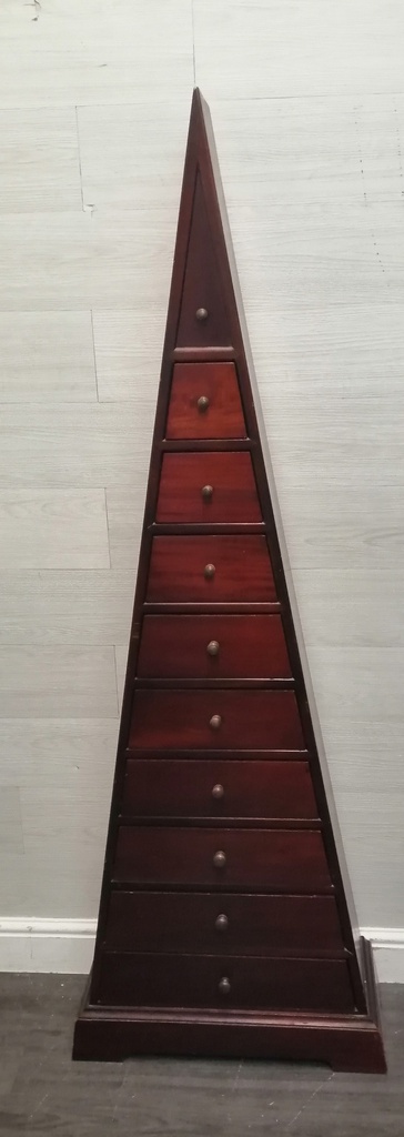 DARK WOOD PYRAMID CHEST OF 9 DRAWERS