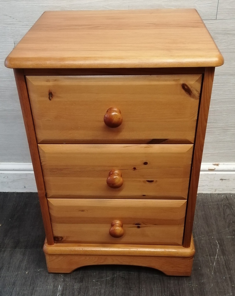 Quality solid pine three drawer bedside chest