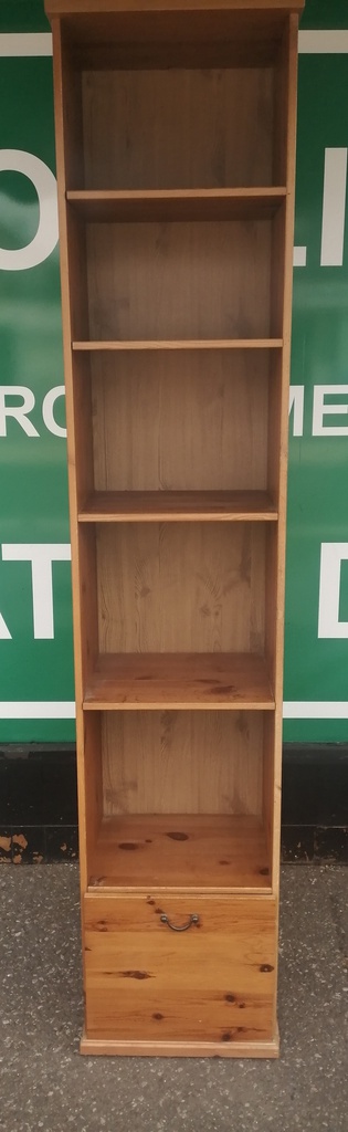 SLIM LINE NARROW PINE BOOKCASE WITH DRAWER