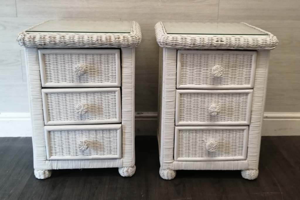 PAIR OF SHABBY CHIC WHITE WICKER BEDSIDES