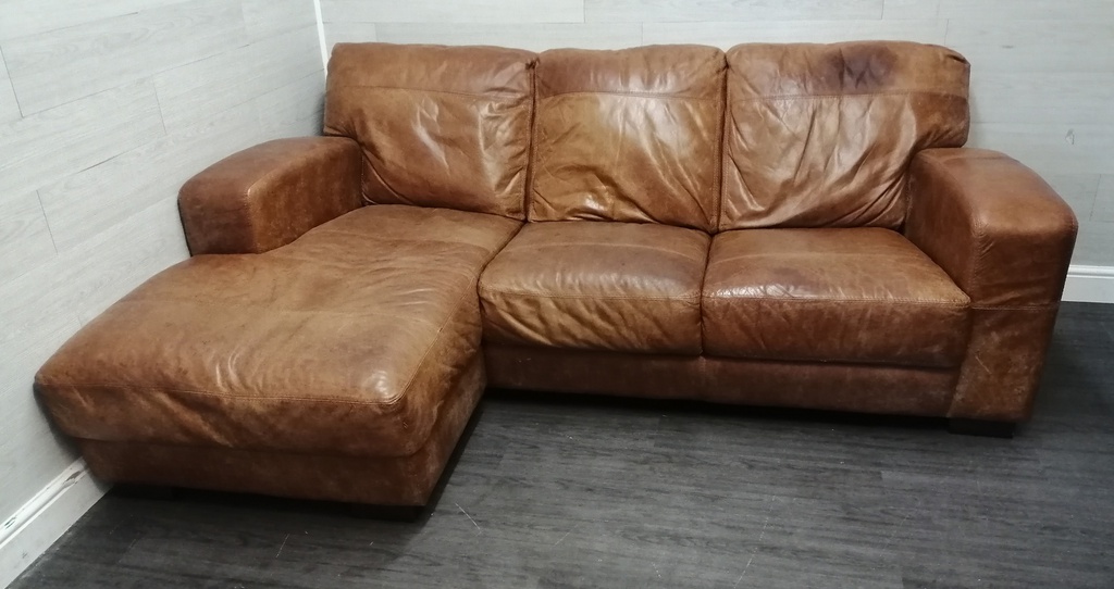 DISTRESSED TAN LEATHER THREE SEATER l shape SOFA