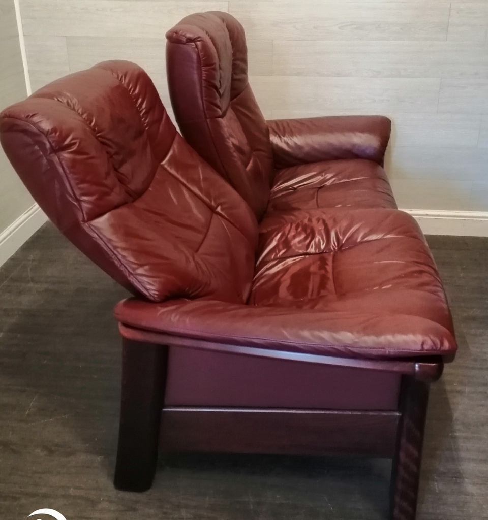 STRESSLESS DEEP RED LEATHER TWO SEATER RECLINER SOFA