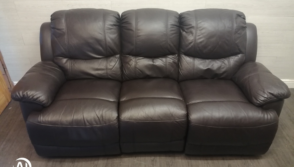 BROWN LEATHER THREE SEATER RECLINER SOFA