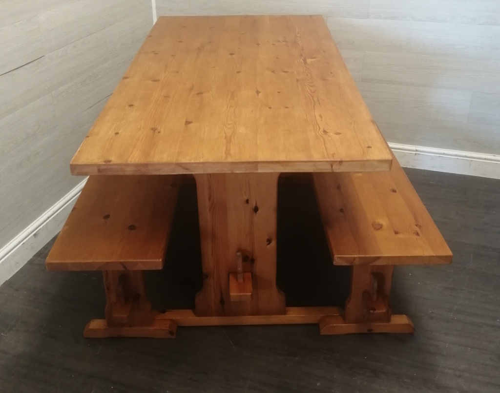 Solid Pine Dining Table &amp; Two Benches