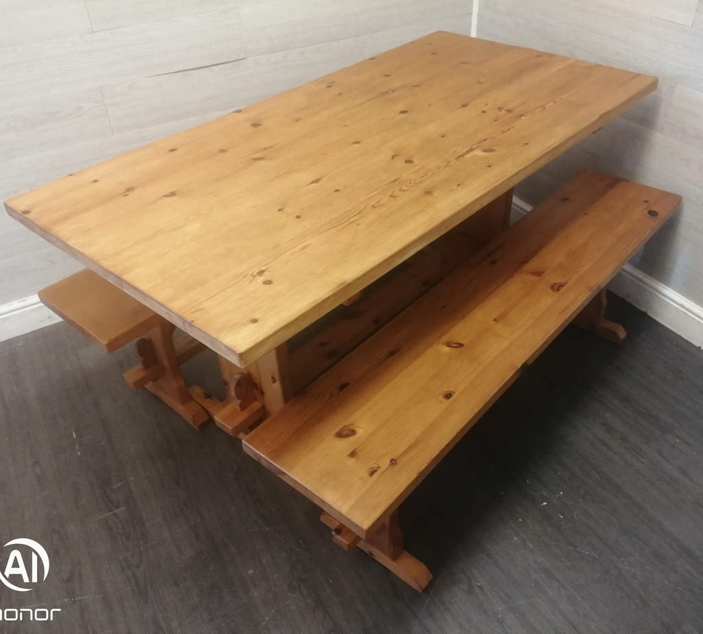 Solid Pine Dining Table &amp; Two Benches
