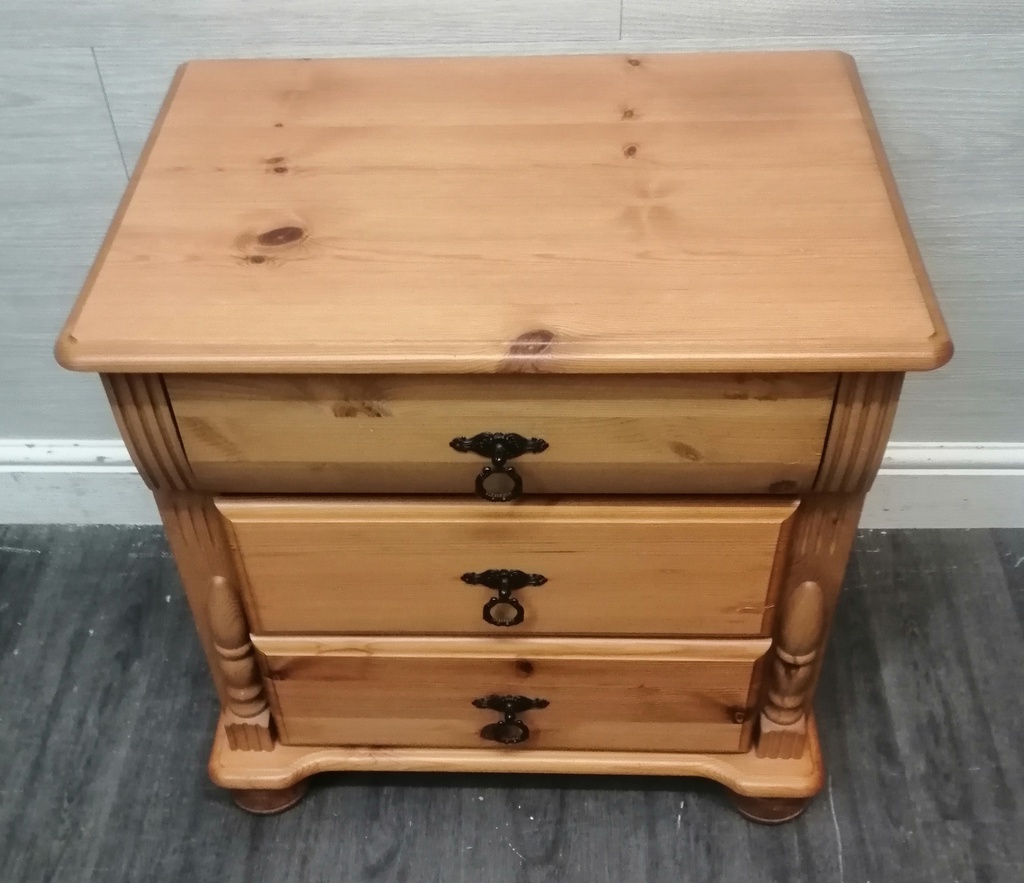 PINE THREE DRAWER BEDSIDE