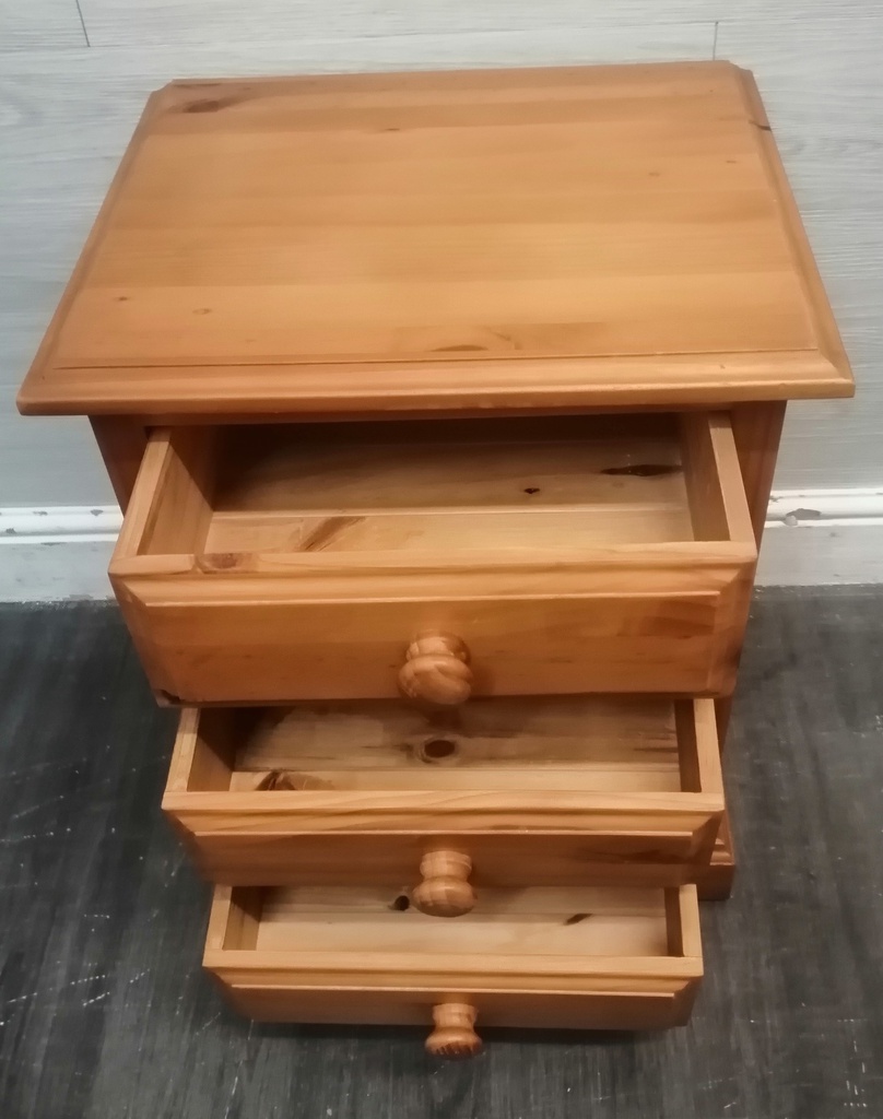 Quality solid pine three drawer bedside chest
