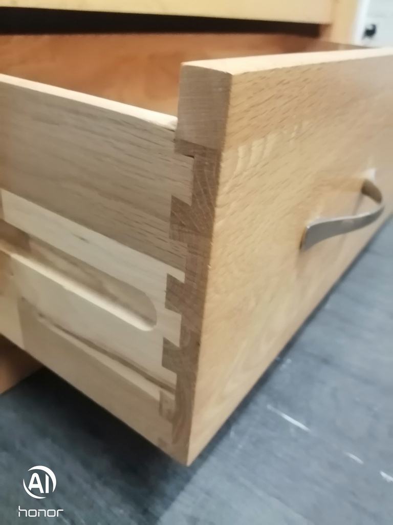 OAK GLAZED FRONTED DISPLAY UNIT WITH DRAWER