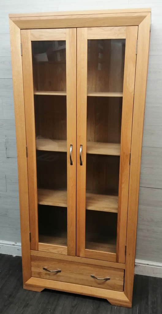 OAK GLAZED FRONTED DISPLAY UNIT WITH DRAWER